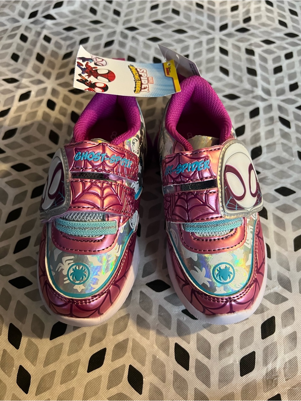 Girls Pink Holographic Spider Accent Sneakers with Hook-and-Loop Straps